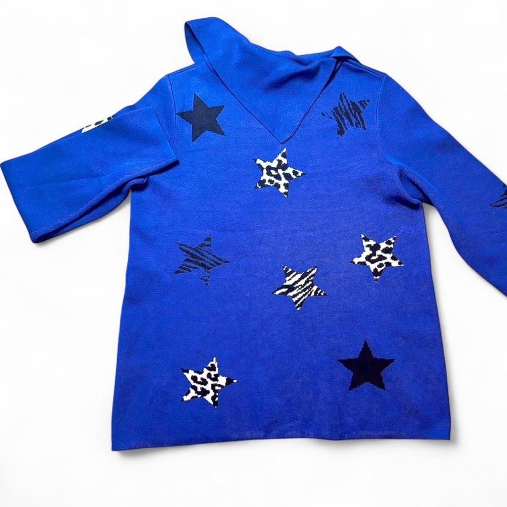 Investments Blue Cowl Neck Sweater with Black and White Star Design